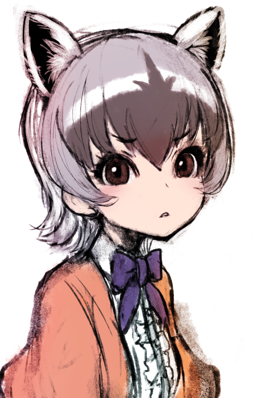 1girl animal_costume animal_ear_fluff animal_ears blue_bow blue_bowtie bow bowtie brown_eyes closed_mouth crab-eating_raccoon_(kemono_friends) extra_ears eyebrows_visible_through_hair grey_hair ise_(0425) jacket kemono_friends kemono_friends_3 looking_at_viewer orange_jacket shirt short_hair simple_background solo white_background white_shirt