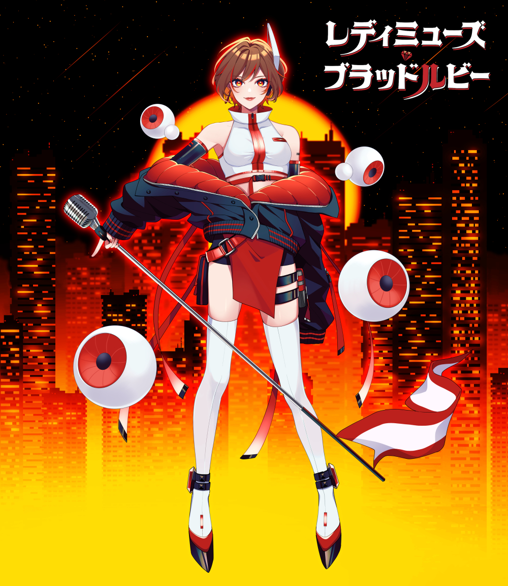 1girl alternate_costume brown_hair building city cityscape detached_sleeves disembodied_eye hair_ornament holding holding_microphone_stand jacket lipstick looking_at_viewer makeup meiko_(vocaloid) microphone_stand night nokuhashi partially_unzipped red_eyes shirt short_hair sleeveless sleeveless_shirt smile solo thigh-highs thigh_strap thighhighs vocaloid white_legwear white_thighhighs
