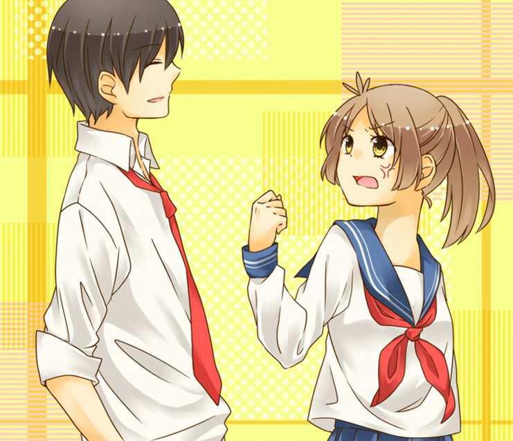 1boy 1girl ahoge akkun_to_kanojo anger_vein angry bangs black_hair blue_sailor_collar blue_skirt border brown_eyes brown_hair clenched_hand closed_eyes cropped_arms dotted_background dress_shirt from_side genderswap kagari_chiho laika_(pixiv6702039) light_brown_hair long_sleeves looking_at_another loose_necktie matsuo_masago neckerchief necktie open_mouth outside_border pleated_skirt ponytail raised_fist red_neckerchief red_necktie red_neckwear sailor_collar school_uniform serafuku shirt short_hair skirt sleeve_cuffs sleeves_rolled_up striped striped_background upper_body upset white_serafuku white_shirt yellow_background