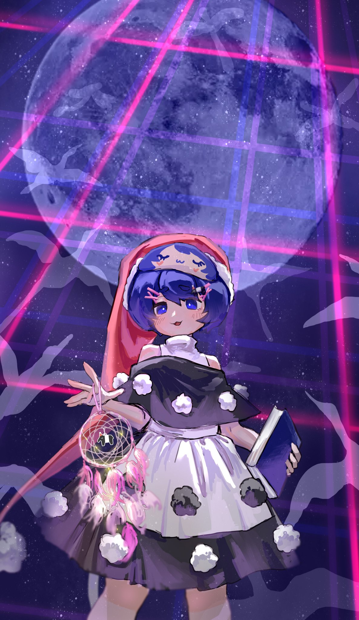 1girl :3 :d bangs bare_shoulders black_dress blue_eyes blue_hair book clothing_cutout commentary_request doremy_sweet dream_catcher dream_world_(touhou) dress feet_out_of_frame hair_ornament hairclip hat highres holding holding_book layered_dress looking_at_viewer moon nightcap open_mouth pom_pom_(clothes) red_headwear short_hair shoulder_cutout shouxishao_jiuyuan sleep_mask smile solo star_(sky) starry_sky tail touhou turtleneck_dress two-tone_dress white_dress