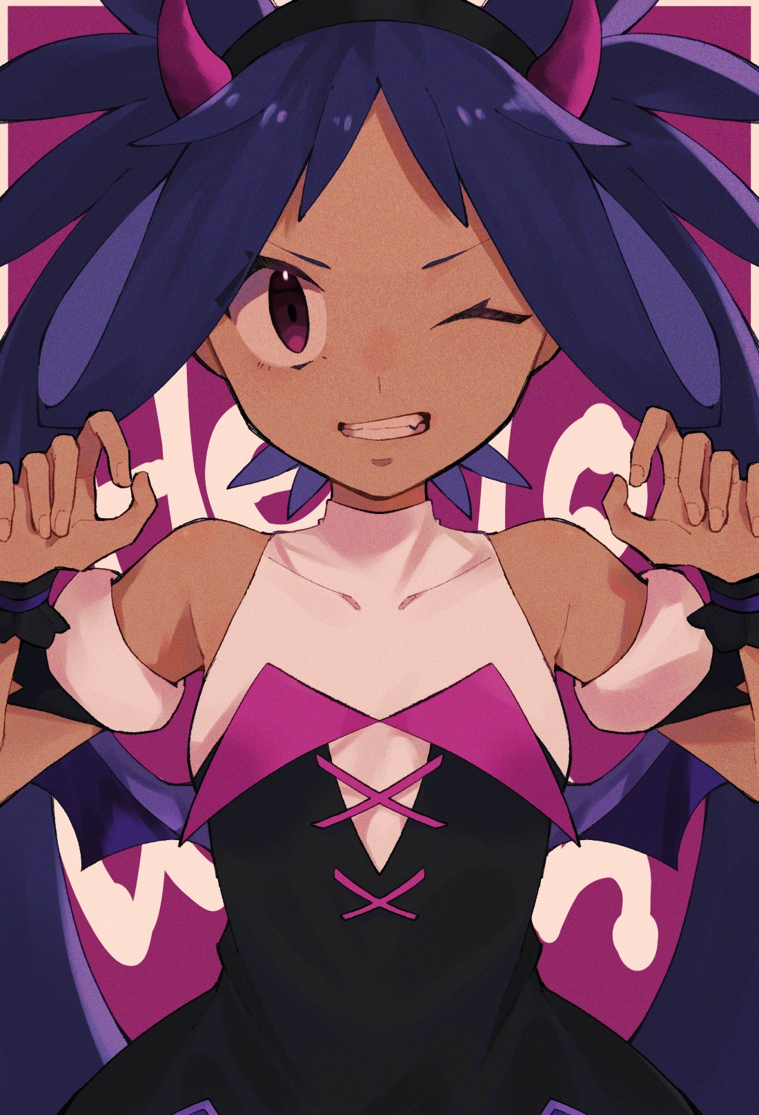 1girl armlet bangs bare_shoulders black_dress commentary_request covered_collarbone dark-skinned_female dark_skin dress hands_up highres iris_(fall_2022)_(pokemon) iris_(pokemon) long_hair looking_at_viewer official_alternate_costume one_eye_closed osigatoutoi_tou pokemon pokemon_(game) pokemon_masters_ex purple_eyes purple_hair solo teeth twintails upper_body violet_eyes