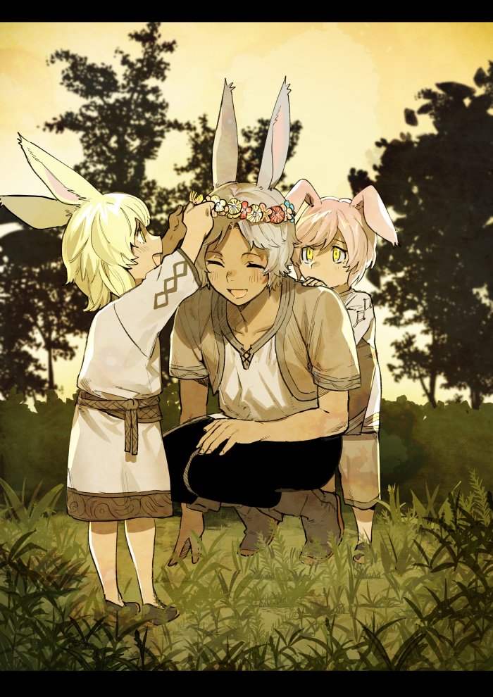 1girl 2boys animal_ears avatar_(ff14) behind_another black_border black_pants blonde_hair blush boots border brother_and_sister brothers bunny_ears child closed_eyes commentary_request evening female_child final_fantasy final_fantasy_xiv grass grey_hair hand_on_another's_shoulder happy head_wreath letterboxed male_child multiple_boys niboshi_kom open_mouth orange_sky pants pink_hair rabbit_boy rabbit_ears rabbit_girl shirt short_hair short_sleeves siblings sky smile squatting tree viera yellow_eyes