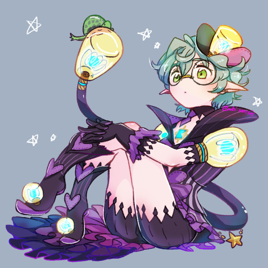 1girl bangs boots chest_jewel choco-cookie closed_mouth cup full_body glasses gloves green_eyes green_hair grey_background hat jacket looking_at_animal pandoria_(xenoblade) pointy_ears purple_footwear purple_gloves purple_jacket purple_shorts short_hair shorts simple_background solo star_(symbol) tail turters_(xenoblade) xenoblade_chronicles_(series) xenoblade_chronicles_2