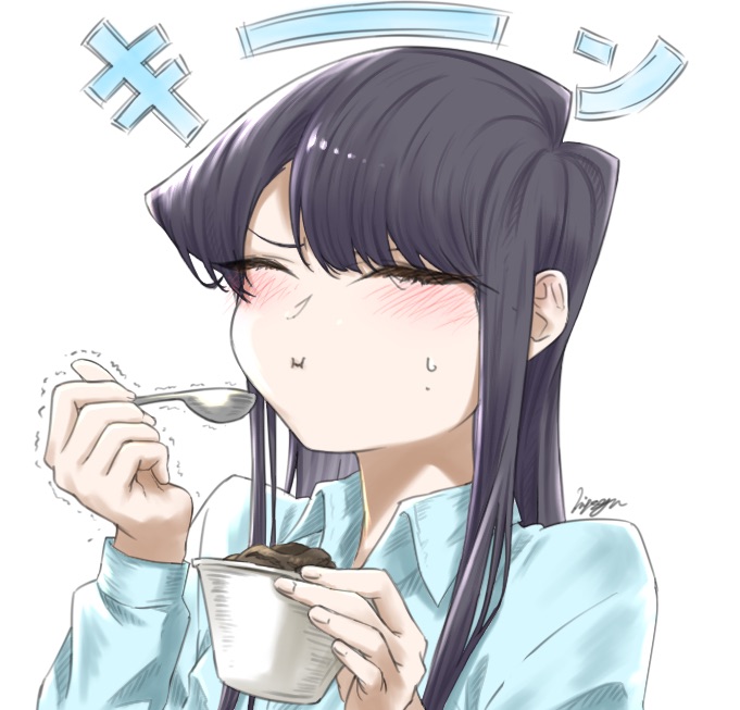 1girl black_hair blue_shirt blush closed_eyes food halo hands_up holding ice_cream komi-san_wa_komyushou_desu komi_shouko long_hair mitsugu shirt simple_background solo spoon sweatdrop trembling upper_body white_background