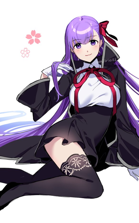 1girl :3 bb_(fate) bb_(fate)_(all) bb_(fate/extra) bb_(fate/extra_ccc) black_coat boots breasts coat fate/extra fate/extra_ccc fate_(series) gloves hair_ribbon large_breasts long_hair looking_at_viewer purple_eyes purple_hair ribbon sentaku_nori smile solo thigh_boots thighhighs twitter_username very_long_hair violet_eyes white_gloves