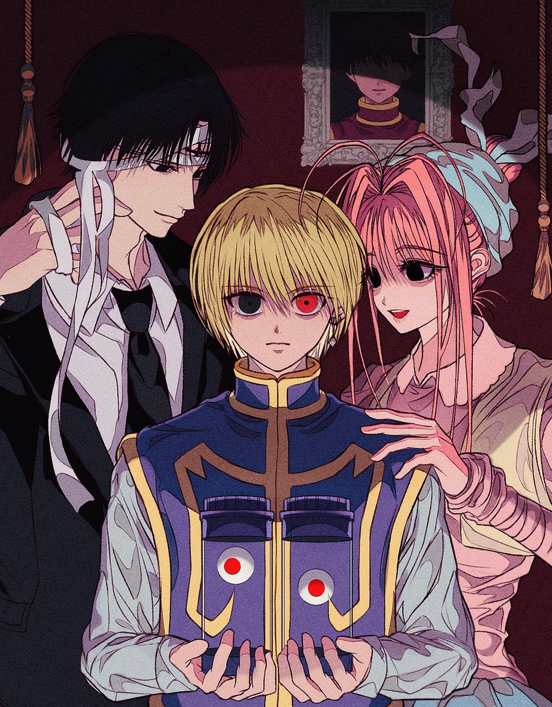 1girl 2boys ahoge androgynous artoria_pendragon_(all) bangs black_hair black_suit blank_eyes blonde_hair chrollo_lucilfer cross disembodied_eye earrings facial_tattoo formal grey_eyes hand_on_another's_shoulder highres hunter_x_hunter inverted_cross jewelry kurapika long_sleeves looking_at_another looking_at_viewer multiple_boys multiple_girls neon_nostrade official_alternate_costume pairo photo_(object) pink_hair red_eyes removing_bandages saber shirt short_hair suhoyongjungtea suit tabard tattoo upper_body white_shirt