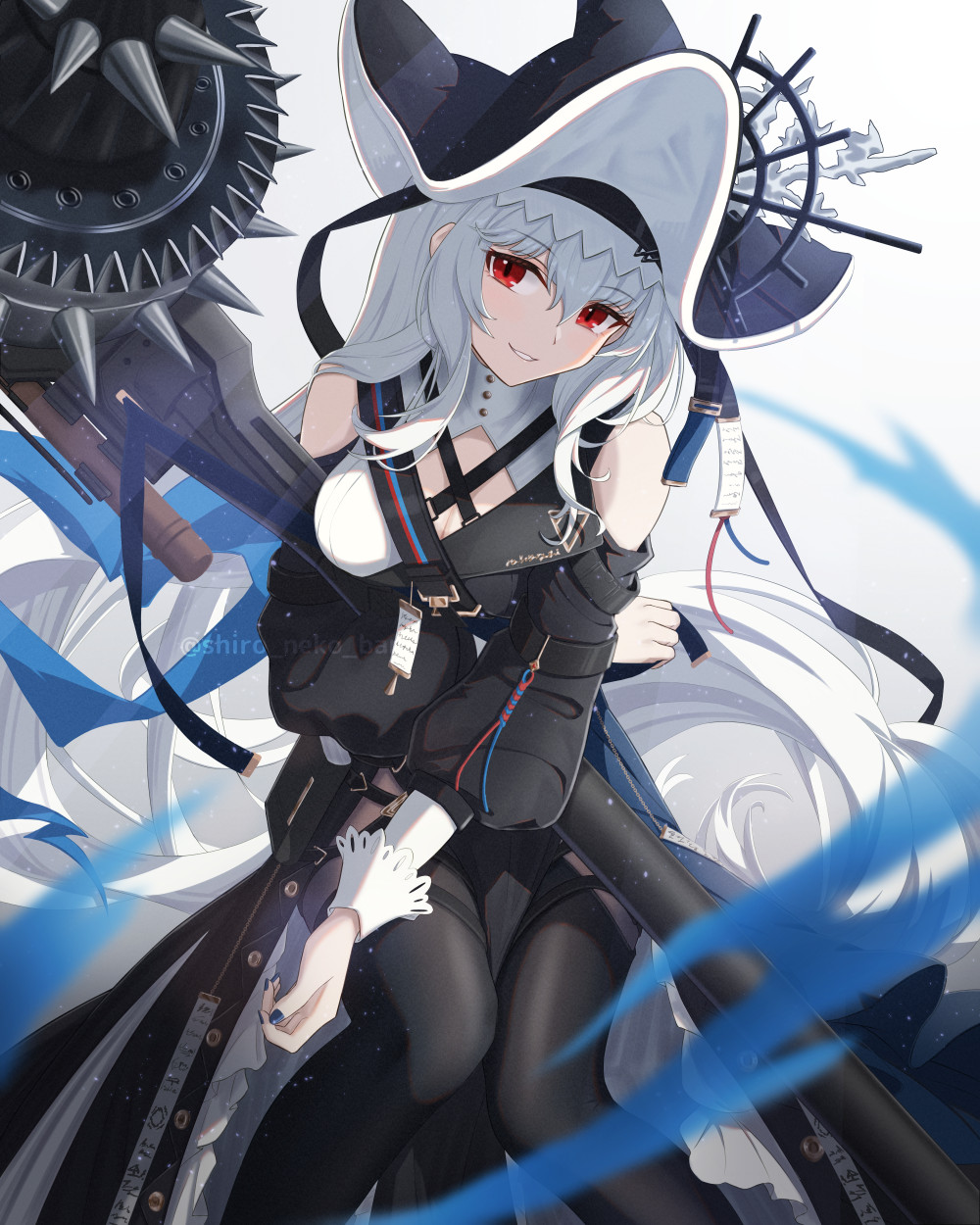 1girl arknights bare_shoulders black_dress black_headwear black_nails black_pantyhose black_sleeves breasts detached_sleeves dress feet_out_of_frame grey_hair hair_between_eyes hat hat_ornament highres holding holding_weapon long_hair looking_at_viewer official_alternate_costume pantyhose red_eyes saw shironekoban simple_background sitting smile solo specter_(arknights) specter_the_unchained_(arknights) twitter_username very_long_hair weapon white_background