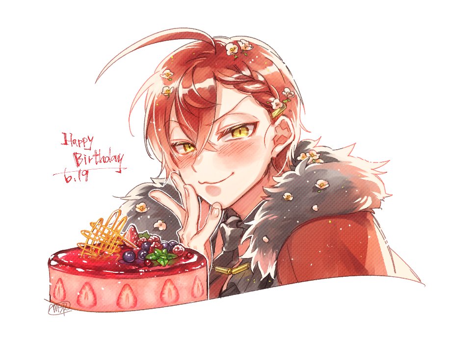 1boy :3 ahoge bangs black_necktie blueberry blush braid braided_bangs bungou_to_alchemist cake cape crossed_bangs dazai_osamu_(bungou_to_alchemist) flower food fruit fur-trimmed_cape fur_trim hair_flower hair_ornament hairclip hand_up happy_birthday looking_at_viewer male_focus necktie raspberry red_cape redhead short_hair simple_background smile solo strawberry tasikanakoto upper_body v-shaped_eyebrows white_background yellow_eyes
