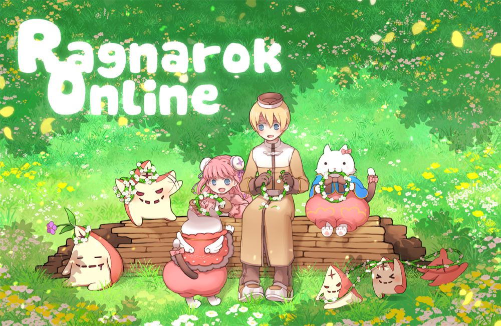 1boy 3girls :3 acolyte_(ragnarok_online) angel_wings armored_boots bangs biretta blonde_hair blue_capelet blue_eyes boots bow brown_footwear brown_gloves brown_pants bun_cover capelet cassock cat_girl closed_mouth copyright_name dress flower full_body furry furry_female gloves grass hat jacket log long_hair long_sleeves merchant_(ragnarok_online) multiple_girls omanjuu_(tamppcn) open_mouth pants pink_dress pink_hair pink_jacket ragnarok_online red_capelet red_eruma short_hair shrug_(clothing) sitting sitting_on_log smile starfish summoner_(ragnarok_online) tail tail_bow tail_ornament wings