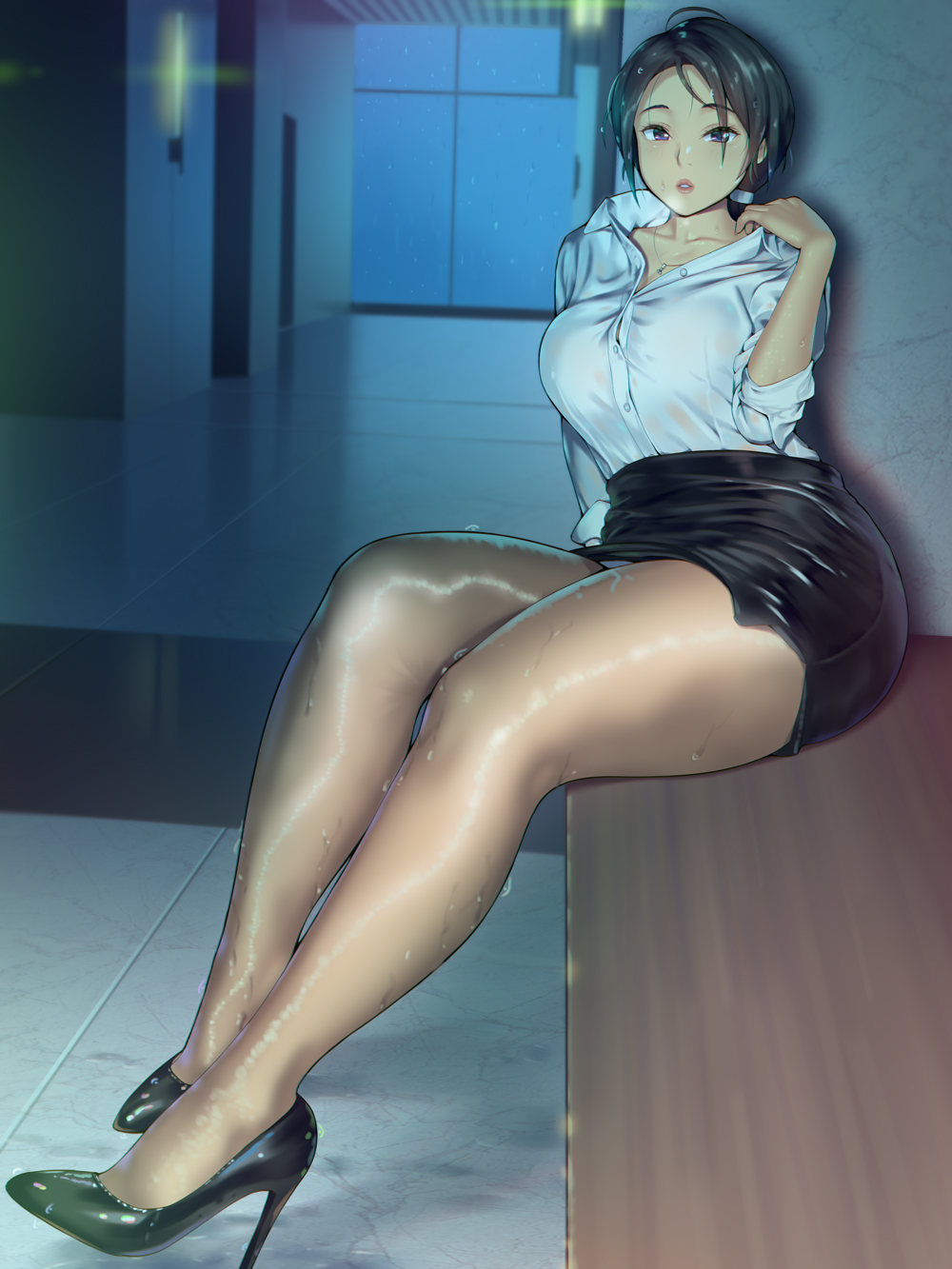 1girl a.x. bench black_footwear black_hair black_skirt breasts collarbone collared_shirt dress_shirt hair_over_one_eye high_heels highres indoors jewelry legs looking_at_viewer medium_breasts miniskirt necklace office_lady original pantyhose parted_lips pencil_skirt shiny shiny_clothes shiny_legwear shirt shirt_tucked_in short_hair sitting skirt sleeves_rolled_up solo violet_eyes wet wet_clothes wet_hair white_shirt