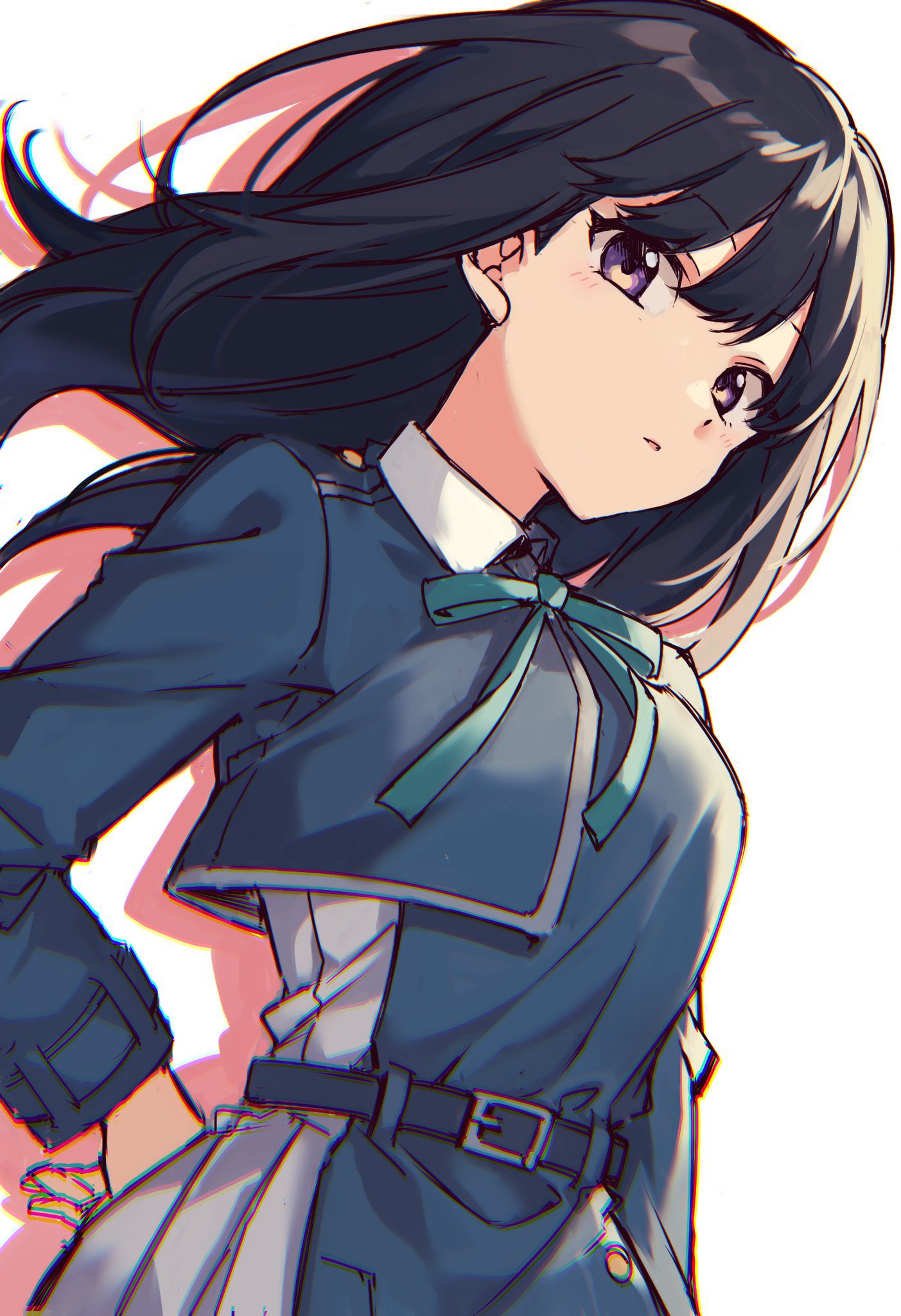 1girl belt black_hair blue_dress bow breasts dress green_ribbon grey_dress hand_on_hip highres inoue_takina large_breasts long_hair looking_at_viewer looking_down lycoris_recoil lycoris_uniform neck_ribbon pleated_dress ribbon solo two-tone_dress violet_eyes waist_bow white_background