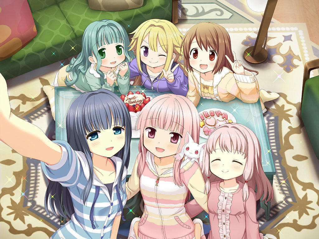 5girls 6+girls :d ;) aqua_cardigan aqua_hair bangs birthday_cake blonde_hair blue_eyes blue_hair blue_pajamas blunt_bangs blush brown_eyes brown_hair buttons cake cardigan carpet center_frills character_name closed_eyes cookie couch dot_nose drawstring dress food frilled_shirt frilled_sleeves frills fruit futaba_sana futaba_sana_(pajamas_costume) game_cg green_eyes hair_down hand_on_another's_back hood hoodie indoors jewelry kyubey long_hair long_sleeves looking_at_viewer low_tied_sidelocks magia_record:_mahou_shoujo_madoka_magica_gaiden mahou_shoujo_madoka_magica maruyama_aya mitsuki_felicia mitsuki_felicia_(pajamas_costume) multiple_girls nanami_yachiyo nanami_yachiyo_(pajamas_costume) official_art one_eye_closed open_mouth orange_cardigan orange_pajamas orange_shirt pajamas pink_eyes pink_hair pink_hoodie pink_shirt pocket purple_eyes purple_hoodie red_eyes ring selfie shirt short_sleeves sidelocks small_kyubey smile sparkle strawberry striped striped_hoodie striped_shirt table tamaki_iroha tamaki_iroha_(pajamas_costume) tamaki_ui upper_body v violet_eyes wavy_hair yellow_dress yellow_hoodie yui_tsuruno yui_tsuruno_(pajamas_costume) zipper
