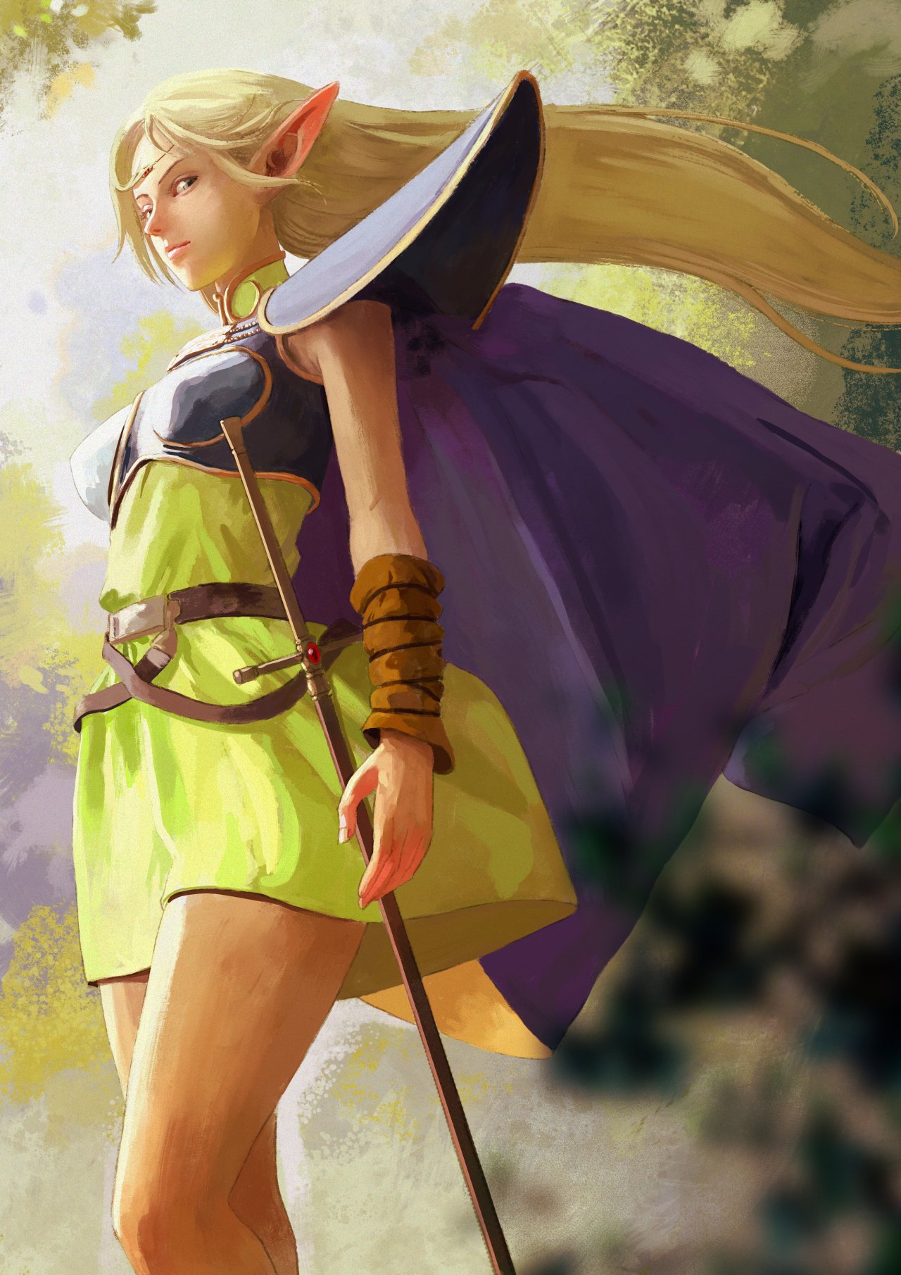 1girl armor blonde_hair cape circlet closed_mouth deedlit dress elf green_eyes highres itou_satoshi long_hair looking_at_viewer pointy_ears record_of_lodoss_war skirt solo sword weapon