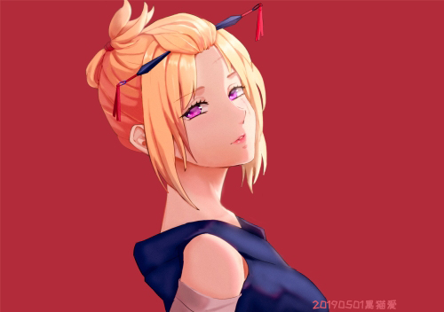 1girl 2019 blackcati_lynx blonde_hair dated from_side gintama hair_ornament hairpin head_tilt looking_at_viewer lowres parted_lips pink_eyes purple_eyes red_background shiny shiny_hair short_hair solo tsukuyo_(gintama) upper_body