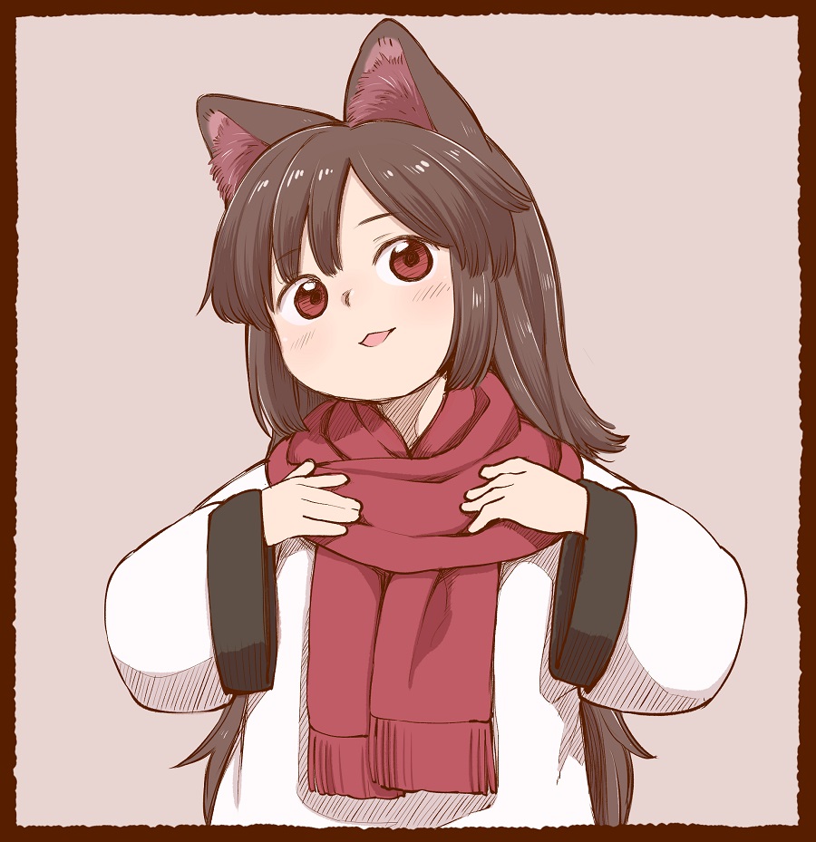 1girl :d animal_ears black_scarf blush border brown_border brown_hair dress eyebrows_visible_through_hair imaizumi_kagerou letterboxed long_hair long_sleeves looking_at_viewer photo poronegi red_eyes red_scarf scarf shikishi smile solo touhou upper_body wolf_ears
