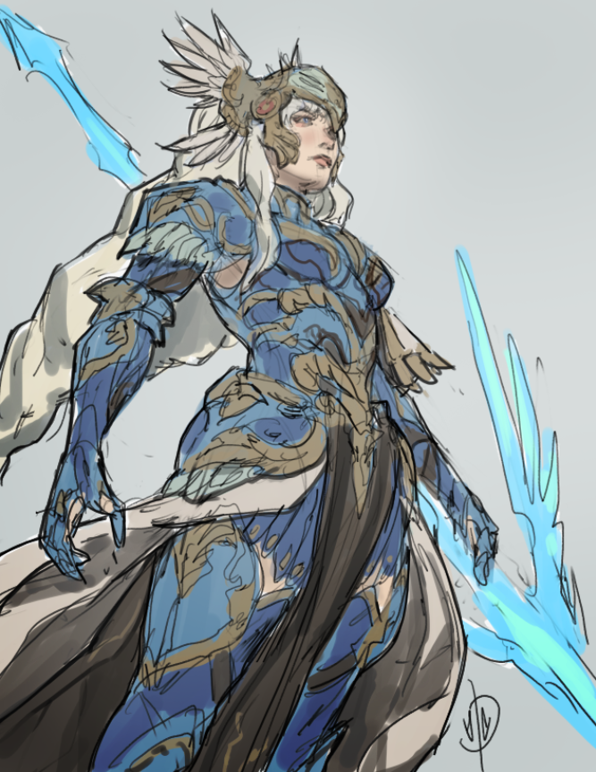 1girl armor armored_dress blue_armor gauntlets gold_trim gradient gradient_background helmet holding holding_weapon jaeon009 lenneth_valkyrie low-braided_long_hair shoulder_armor solo valkyrie valkyrie_profile weapon winged_helmet