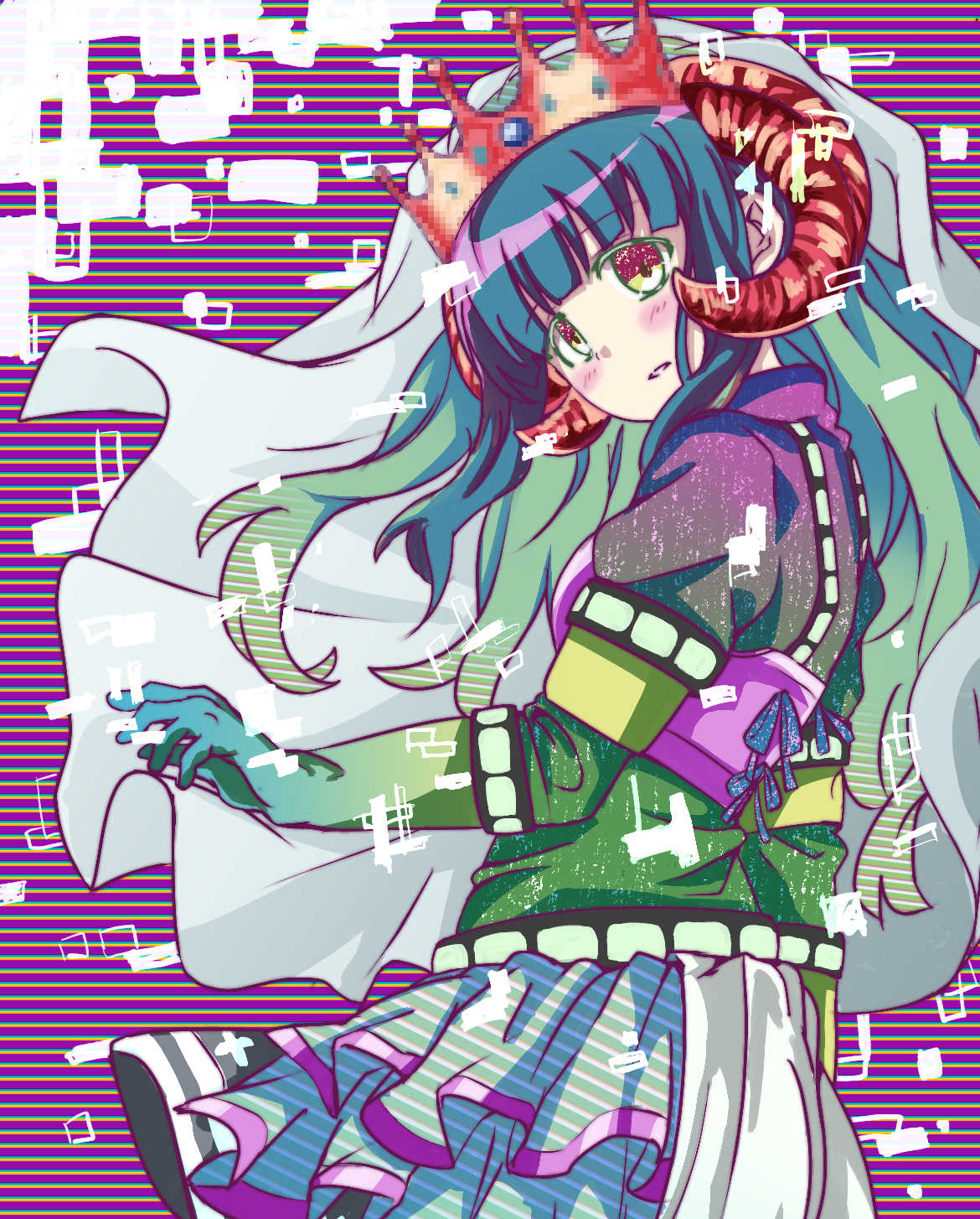1girl aqua_gloves arm_at_side armor bangs blue_hair blue_skirt blunt_bangs blush breastplate colored_eyelashes cowboy_shot crown elbow_gloves frilled_skirt frills futaba_sana gloves gradient_gloves gradient_hair gradient_sweater green_gloves green_hair green_sweater hair_down hakurei_reimu highres horns long_hair looking_at_viewer looking_to_the_side magia_record:_mahou_shoujo_madoka_magica_gaiden magical_girl mahou_shoujo_madoka_magica multicolored_hair parted_lips purple_armor purple_background purple_sweater red_horns sheep_horns skirt solo striped striped_background sweater turtleneck turtleneck_sweater uwasa_no_sana uya_04 veil wavy_hair yellow_eyes