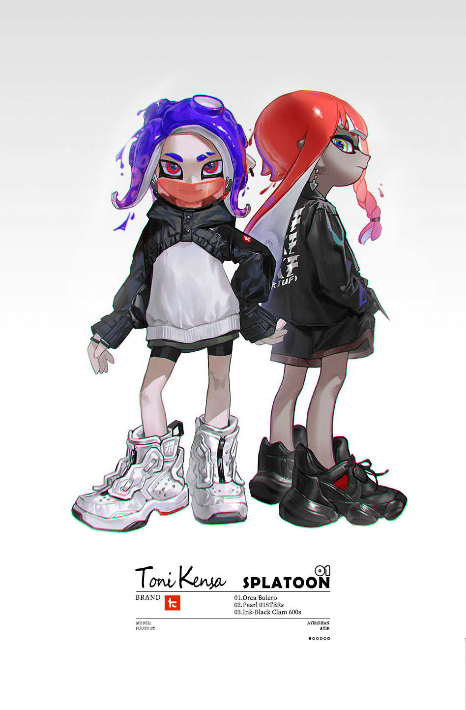 2girls ange-yi bike_shorts black_footwear black_shorts blue_hair dark-skinned_female dark_skin facing_to_the_side facing_viewer gradient gradient_background highres inkling jacket long_sleeves looking_at_viewer mask multiple_girls octoling octoling_girl pink_eyes pointy_ears print_jacket product_placement redhead shoes shorts sneakers splatoon_(series) splatoon_2 standing suction_cups tentacle_hair white_background yellow_eyes zipper