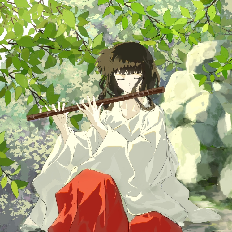 1girl bangs black_hair blunt_bangs chinese_commentary closed_eyes collarbone commentary dot_mouth flute forest green_theme hakama holding holding_instrument huanjing_wutuobang instrument inuyasha japanese_clothes kikyou_(inuyasha) leaf limited_palette long_hair long_sleeves miko music nature outdoors playing_flute playing_instrument red_hakama rock sitting sitting_on_person solo