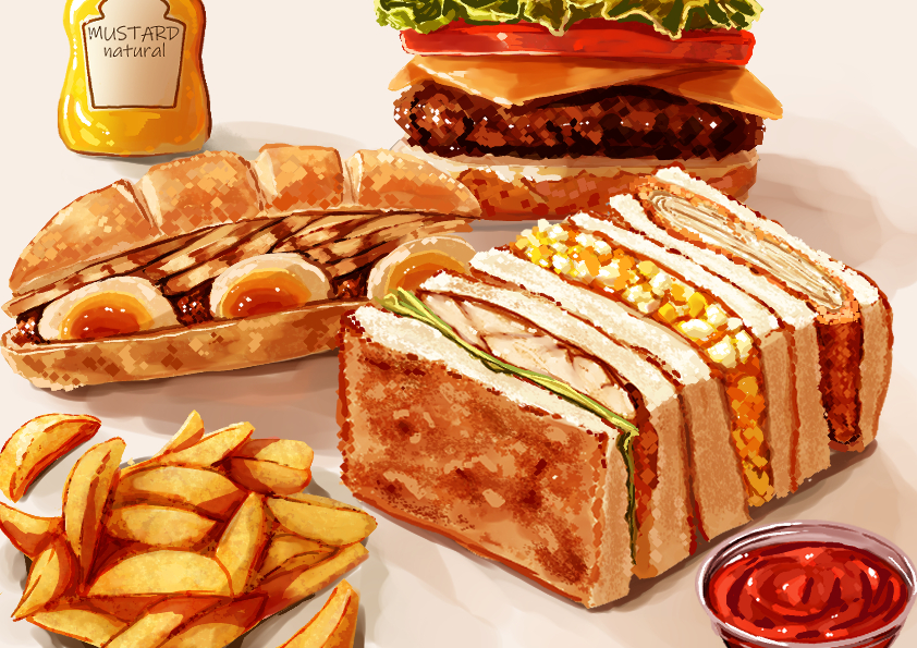 bread burger cheese commentary food food_focus french_fries hardboiled_egg kaneko_ryou ketchup lettuce mustard no_humans original plate sandwich shadow simple_background submarine_sandwich tomato tomato_slice white_background