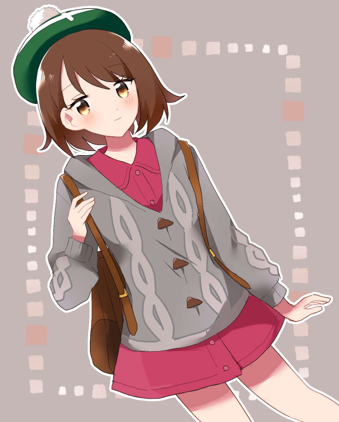 1girl backpack bag bangs blush bob_cut brown_bag brown_eyes brown_hair buttons cable_knit cardigan closed_mouth collared_dress commentary_request dress gloria_(pokemon) gradient gradient_background green_headwear grey_background grey_cardigan hand_up hat highres holding_strap hooded_cardigan long_sleeves looking_at_viewer ohn_pkmn outline pink_dress pokemon pokemon_(game) pokemon_swsh short_hair smile solo tam_o'_shanter yuuri_(pokemon)