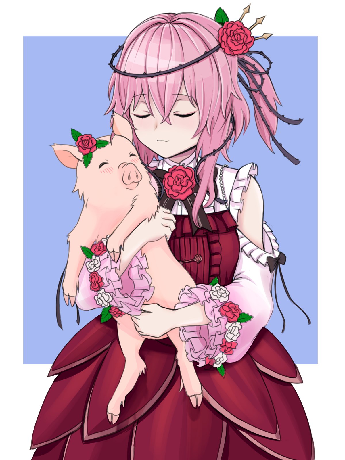 1girl :3 bangs blue_background blush closed_eyes clothing_cutout commentary dress flower hair_flower hair_ornament highres nijisanji nijisanji_en pig pink_hair pink_rose pivosamurai red_dress red_flower red_rose rose rosebud_(rosemi_lovelock) rosemi_lovelock short_hair shoulder_cutout simple_background thorns virtual_youtuber