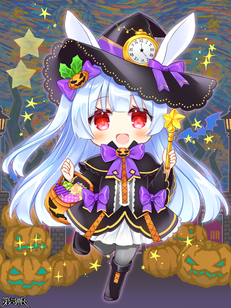 1girl :d animal_ears bangs black_capelet black_dress black_footwear black_headwear blue_hair blush boots bow candy_wrapper capelet character_request chibi d dairoku_ryouhei dress ears_through_headwear eyebrows_visible_through_hair fence full_body grey_pantyhose halloween halloween_bucket hat hat_bow holding holding_wand jack-o'-lantern lamppost long_hair long_sleeves looking_at_viewer one_side_up open_mouth pantyhose pocket_watch purple_bow rabbit_ears red_eyes roman_numeral shikito smile solo standing standing_on_one_leg star_(symbol) star_print very_long_hair wand watch wide_sleeves witch_hat