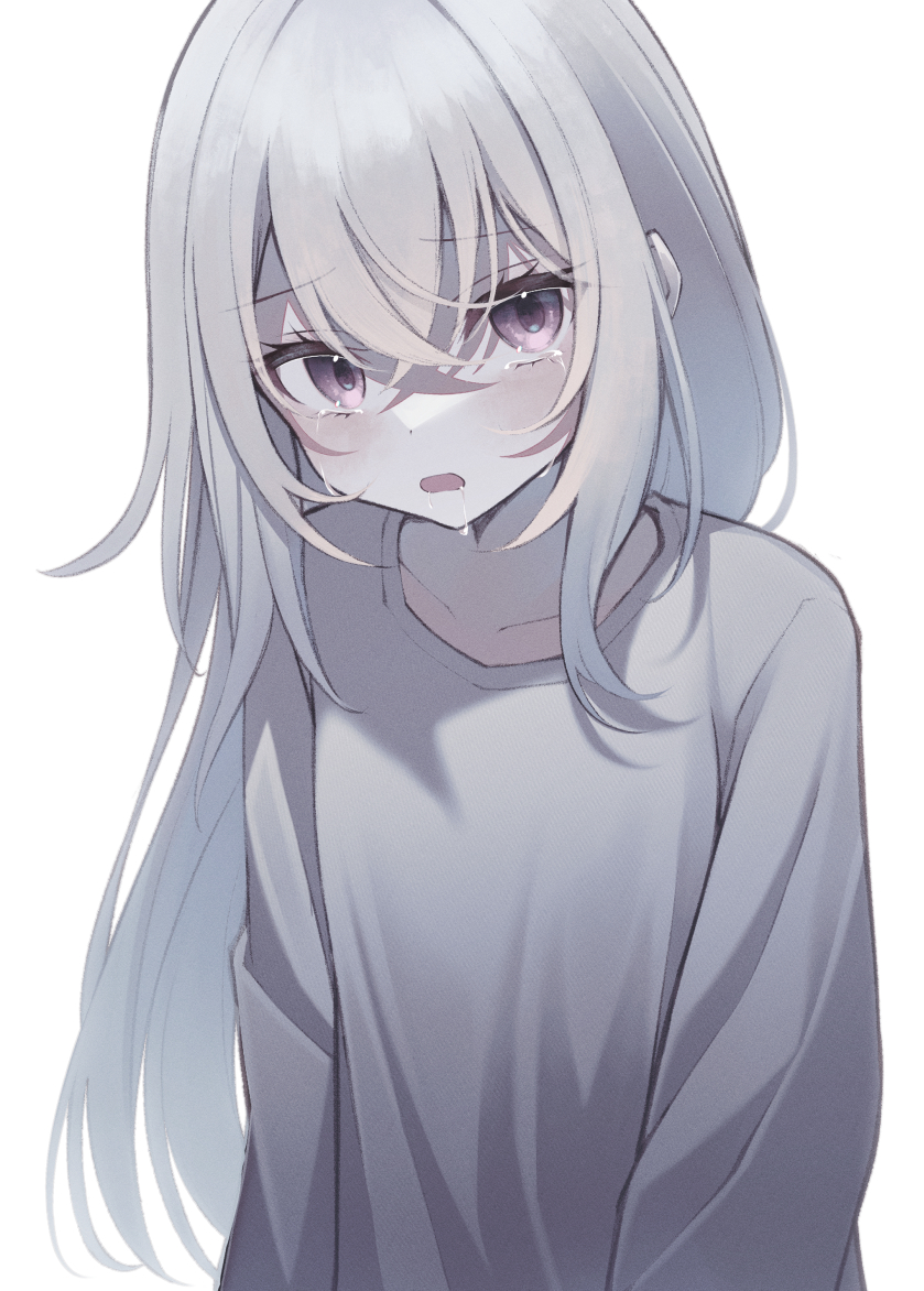 1girl bangs crying crying_with_eyes_open drooling eyebrows_visible_through_hair flat_chest gradient gradient_background hair_between_eyes long_hair long_sleeves looking_at_viewer original pink_eyes saliva shirt solo su_ha_ya tears white_background white_hair white_shirt