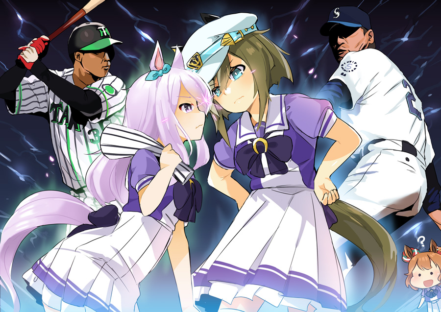 2boys 3girls ? animal_ears aqua_bow aqua_eyes aston_machan_(umamusume) bangs baseball_bat baseball_cap baseball_uniform bow bowtie brown_hair cheval_grand_(umamusume) commentary crown ear_bow ears_through_headwear hair_between_eyes hands_on_hips hat hat_belt head_tilt holding holding_baseball_bat horse_ears horse_girl horse_tail layered_sleeves light_purple_hair lightning_glare long_hair long_sleeves looking_down looking_up mejiro_mcqueen_(umamusume) mini_crown multiple_boys multiple_girls naik peaked_cap pinstripe_pattern pleated_skirt puffy_short_sleeves puffy_sleeves purple_bow purple_bowtie purple_shirt real_life sailor_collar sailor_shirt sasaki_kazuhiro shaded_face shiny shiny_hair shirt short_hair short_over_long_sleeves short_sleeves sidelocks skirt solid_circle_eyes sportswear stare_down striped tail umamusume violet_eyes wada_yutaka white_sailor_collar white_skirt yokohama_dena_baystars