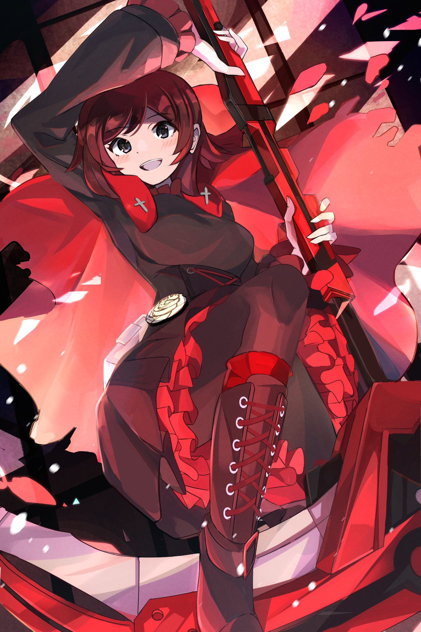 1girl black_dress black_footwear blush boots cape cross-laced_footwear dress gradient_hair grey_eyes hair_bow highres holding holding_scythe holding_weapon hood hooded_cape knee_boots lace-up_boots long_sleeves multicolored_hair open_mouth pantyhose petals red_cape red_hair redhead ruby_rose rwby scythe short_hair silver_eyes smile solo umiru weapon