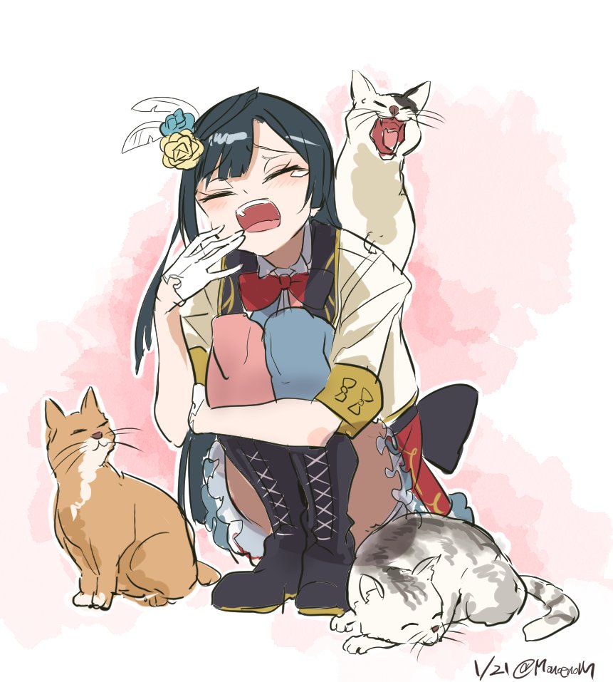 1girl animal bangs black_hair boots cat closed_eyes flower gloves hair_flower hair_ornament idol_clothes long_hair love_live! love_live!_nijigasaki_high_school_idol_club monowe open_mouth sitting teeth upper_teeth white_gloves yawning yuuki_setsuna_(love_live!)