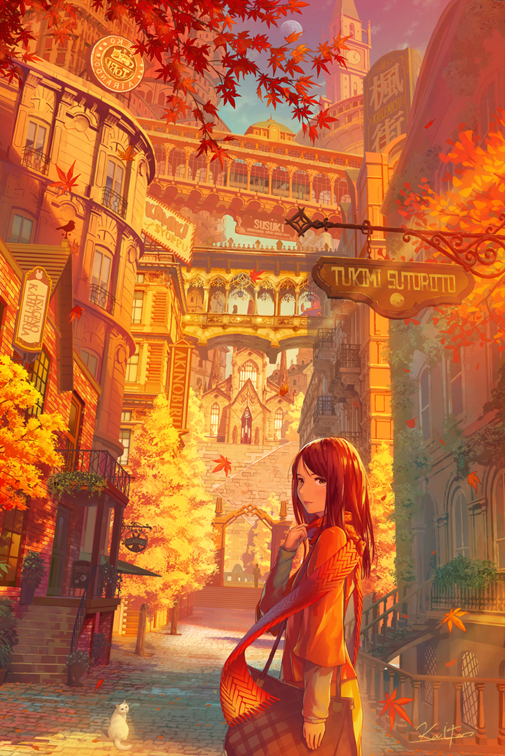 1girl arm_at_side autumn autumn_leaves bag bangs blue_sky blush brick_floor building bush cat clear_sky clock clock_tower falling_leaves fantasy handbag kaitan leaf lips long_hair long_sleeves looking_at_viewer maple_leaf mixed-language_commentary moon original pants red_scarf red_shirt redhead scarf scenery shirt sidelocks sky solo stairs standing tower town tree white_cat yellow_eyes