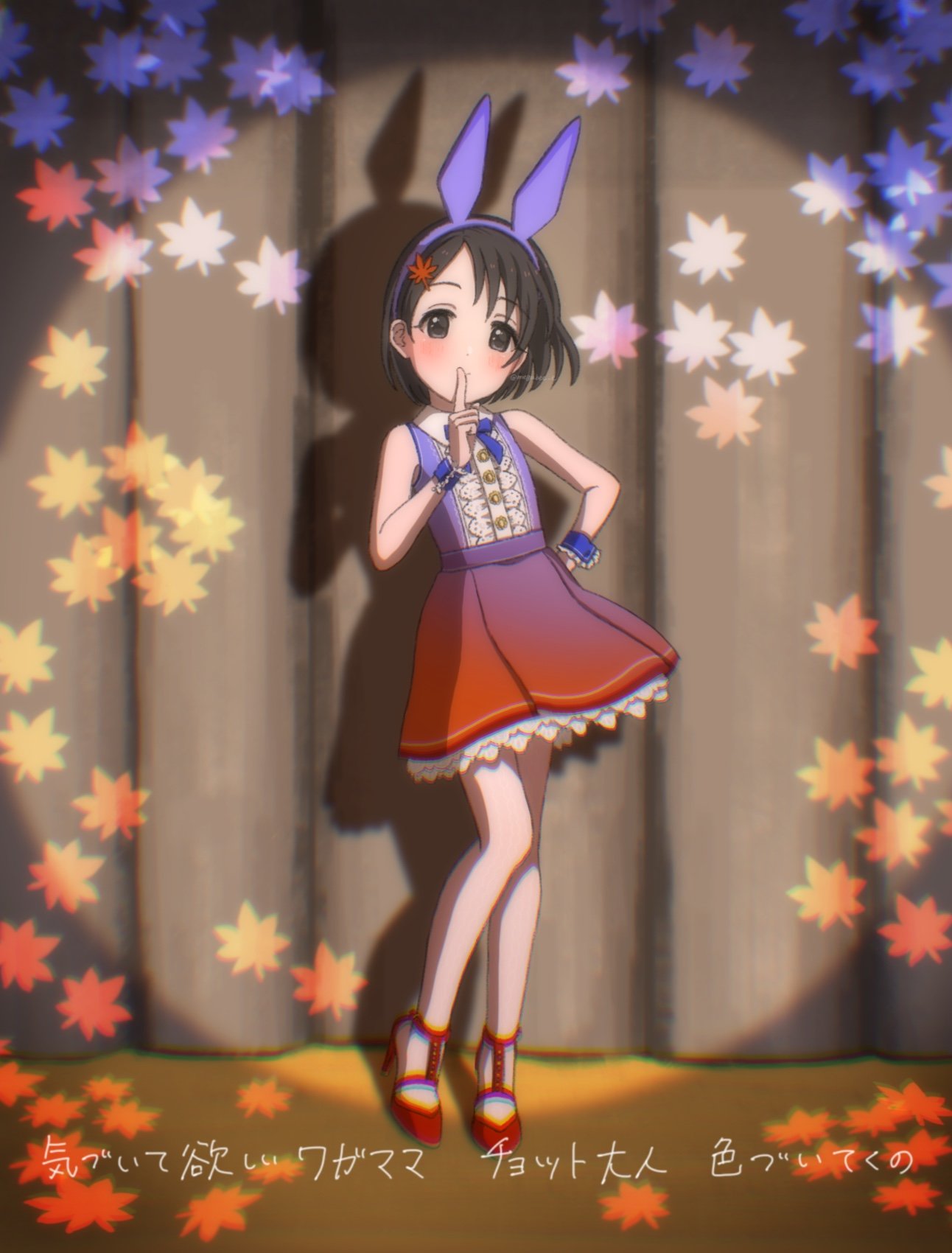 1girl animal_ears bangs black_eyes black_hair blue_bow blue_bowtie blue_dress blush bow bowtie brown_eyes bunny_ears commentary_request curtains dot_nose dress fake_animal_ears female_child finger_to_mouth full_body gradient_dress hair_ornament hairclip hand_on_hip hand_up highres idolmaster idolmaster_cinderella_girls index_finger_raised layered_dress leaf_hair_ornament leaf_print legs light looking_at_viewer megabee_e pantyhose pose rabbit_ears red_dress red_footwear sasaki_chie shadow shoes short_hair sleeveless sleeveless_dress solo translation_request white_pantyhose wing_collar wrist_cuffs