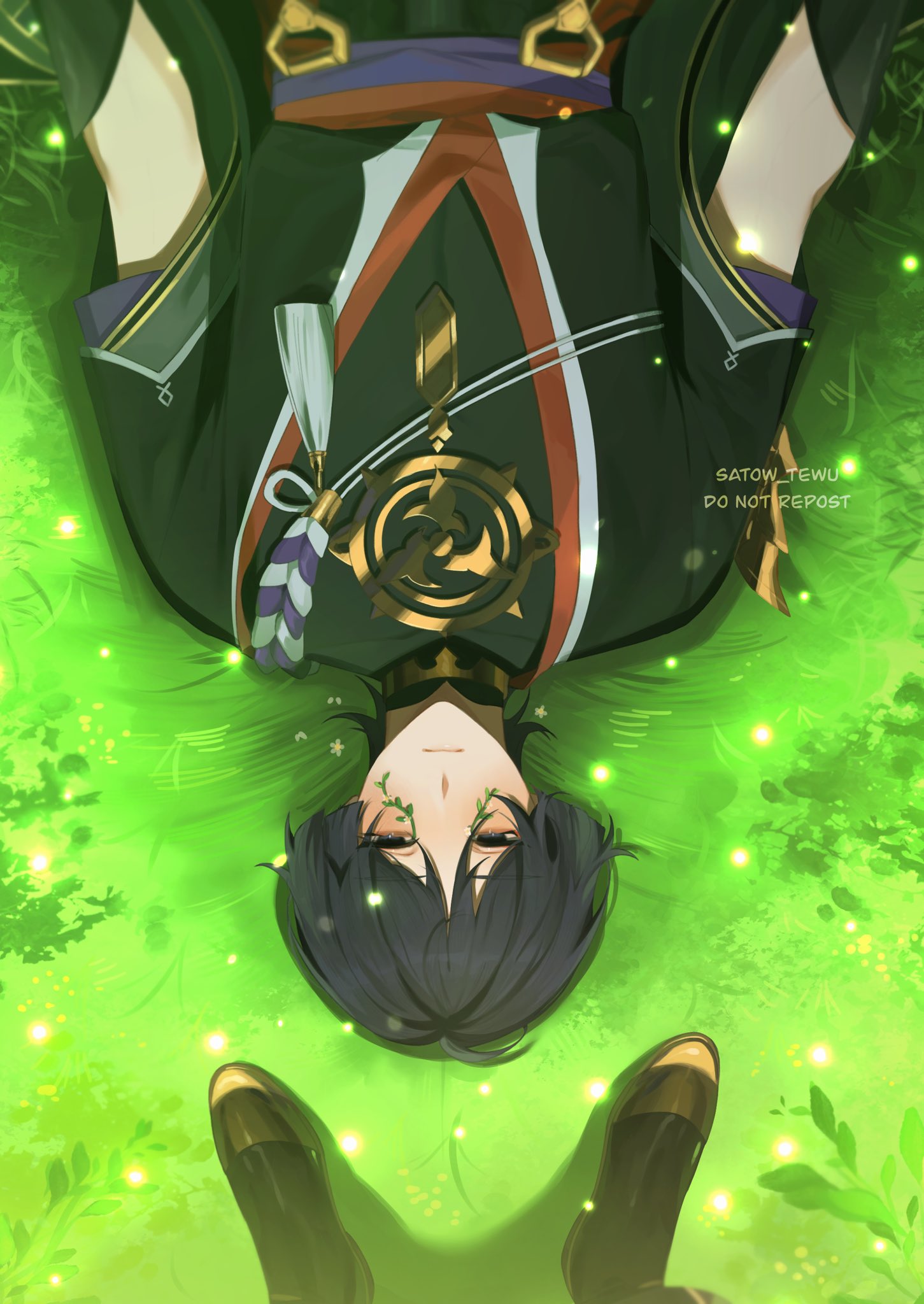 1boy 2boys aether_(genshin_impact) ahoge arm_armor artist_name bangs belt black_eyes black_footwear black_hair black_shirt black_shorts blush boots closed_mouth genshin_impact gold grass hair_between_eyes highres jewelry looking_at_another looking_at_viewer looking_up lying male_focus mandarin_collar mitsudomoe_(shape) multiple_boys necklace no_headwear on_back on_grass outdoors pom_pom_(clothes) purple_belt red_belt satow_tewu scaramouche_(genshin_impact) shirt short_hair short_sleeves shorts solo_focus tomoe_(symbol) watermark