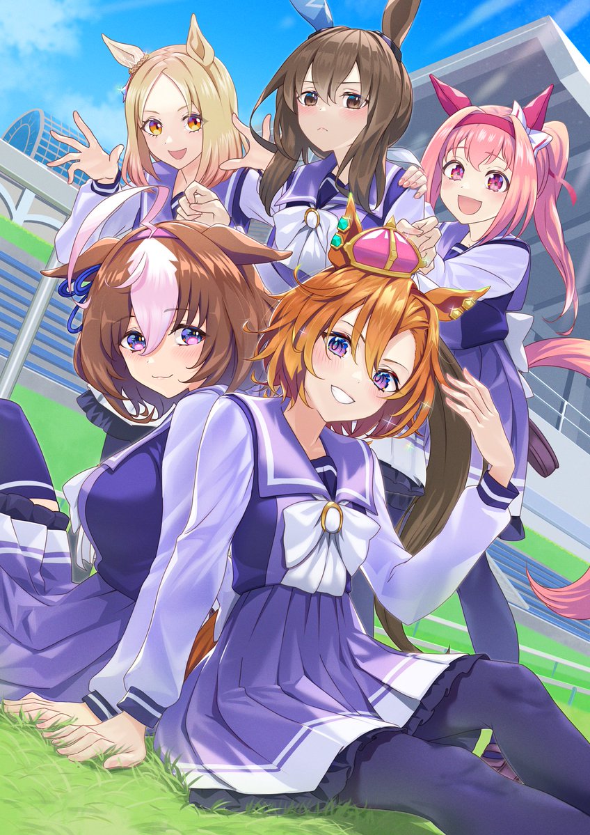 5girls :d admire_vega_(umamusume) ahoge animal_ears arm_support arm_up bangs black_pantyhose blue_sky blush bow breasts brown_eyes brown_hair closed_mouth clouds commentary_request crown day dutch_angle ears_down forehead grin hair_between_eyes hairband hand_on_another's_shoulder haru_urara_(umamusume) horse_ears horse_girl horse_tail large_breasts long_hair long_sleeves looking_at_viewer meisho_doto_(umamusume) mini_crown multicolored_hair multiple_girls nabe_puyo narita_top_road_(umamusume) on_grass open_mouth outdoors pantyhose parted_bangs pink_hair pink_hairband pleated_skirt ponytail puffy_long_sleeves puffy_sleeves purple_eyes purple_shirt purple_skirt sailor_collar school_uniform shirt sitting skirt sky smile standing t.m._opera_o_(umamusume) tail tilted_headwear two-tone_hair umamusume violet_eyes white_bow white_hair