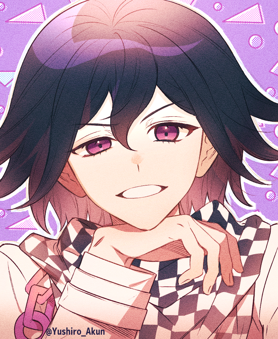 1boy artist_name bangs black_hair brown_hair chain checkered checkered_clothes checkered_scarf danganronpa_(series) danganronpa_v3:_killing_harmony grin hair_between_eyes hand_on_own_chin hand_up jacket long_sleeves looking_at_viewer male_focus multicolored_hair ouma_kokichi outline pink_background pink_eyes portrait scarf smile solo teeth twitter_username two-tone_hair white_outline yushiro_akun