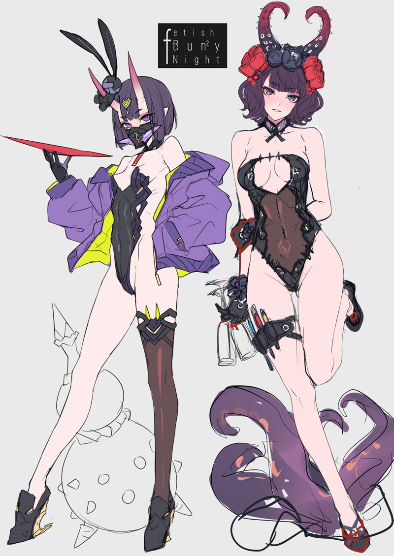 2girls ass_visible_through_thighs ban!_(bansankan) bangs bare_shoulders breasts choker collarbone contrapposto covered_navel cup drinking_glass fate/grand_order fate_(series) flower gas_mask gloves gourd gradient gradient_background groin hair_flower hair_ornament high_heels horns jacket katsushika_hokusai_(fate) katsushika_hokusai_(fate/grand_order) looking_at_viewer mask multiple_girls octopus oni oni_horns purple_eyes purple_hair sakazuki see-through short_hair shuten_douji_(fate) shuten_douji_(fate/grand_order) single_thighhigh smile standing standing_on_one_leg tentacles thigh-highs thigh_gap thigh_strap tokitarou_(fate) violet_eyes wide_hips wine_glass