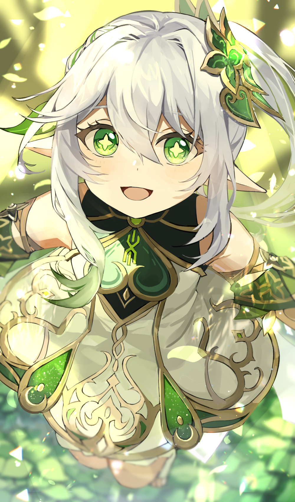1girl :d bangs bare_shoulders blurry blurry_background blush cross-shaped_pupils detached_sleeves dress from_above genshin_impact green_eyes gyoju_(only_arme_nim) hair_between_eyes hair_ornament highres leaf_hair_ornament long_hair looking_at_viewer nahida_(genshin_impact) no_shoes open_mouth pointy_ears short_sleeves side_ponytail sidelocks smile socks solo stirrup_legwear toeless_legwear toes white_dress white_socks