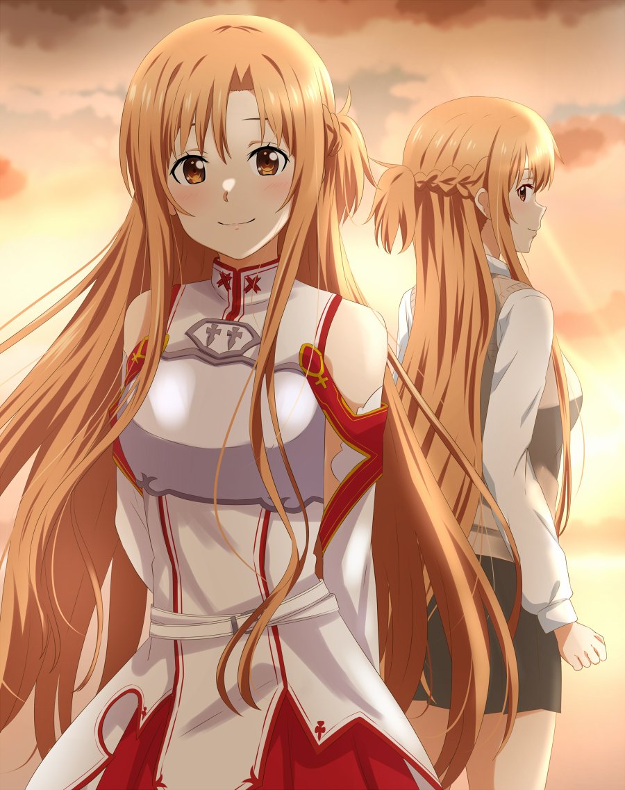 2girls armor arms_behind_back asuna_(sao) black_skirt braid breastplate breasts brown_eyes brown_hair brown_sweater_vest closed_mouth clouds cowboy_shot dars_(recolors) detached_sleeves dress dual_persona floating_hair knights_of_blood_uniform_(sao) large_breasts long_hair long_sleeves looking_at_viewer looking_back multiple_girls profile red_dress school_uniform shirt short_ponytail simple_background skirt sky sleeveless sleeveless_dress smile sunset sweater_vest sword_art_online two-tone_dress very_long_hair white_dress white_shirt