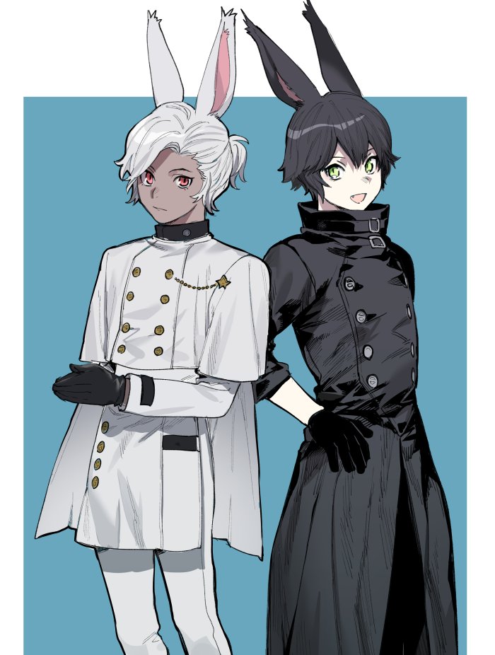 2boys animal_ears avatar_(ff14) black_coat black_gloves black_hair blue_background coat commentary_request dark-skinned_female dark_skin fang final_fantasy final_fantasy_xiv gloves green_eyes hair_between_eyes hand_on_hip long_sleeves looking_at_viewer male_focus multiple_boys niboshi_kom open_mouth own_hands_together pants rabbit_ears red_eyes short_hair simple_background sleeves_rolled_up viera white_background white_coat white_hair white_pants