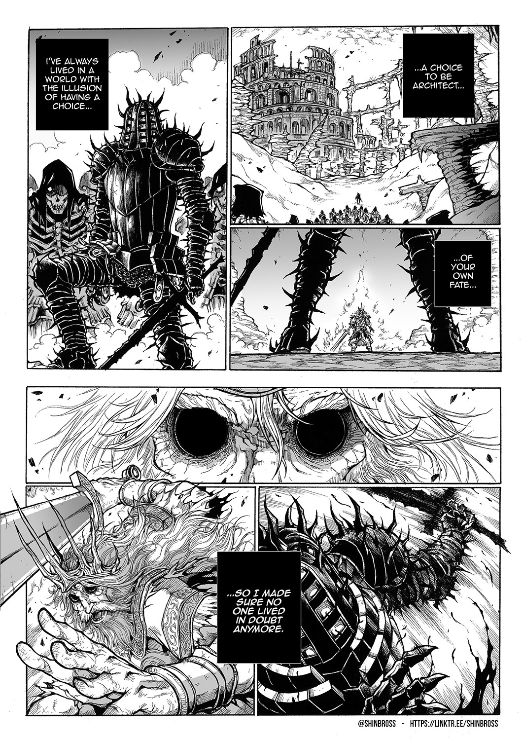 armor comic crown dark_souls_(series) darkwraith_(dark_souls) english_text fighting from_software full_armor greyscale gwyn_lord_of_cinder highres holding holding_sword holding_weapon hollow_eyes knight knight_of_thorns_kirk monochrome pauldrons shinbross shoulder_armor skeleton skull spiked_pauldrons sword thorns weapon