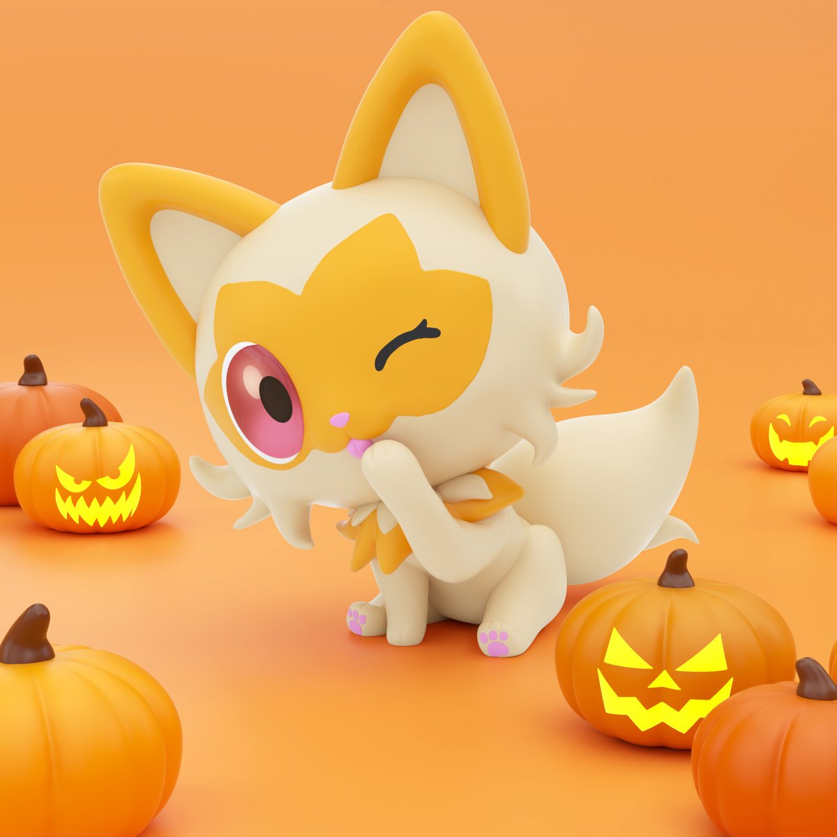 3d alternate_color animal_focus commentary english_commentary full_body halloween highres jack-o'-lantern licking licking_hand looking_at_viewer no_humans one_eye_closed orange_background orange_theme pawpads pink_eyes pokemon pokemon_(creature) puffcakerosie pumpkin simple_background sitting solo sprigatito tongue tongue_out zbrush_(medium)