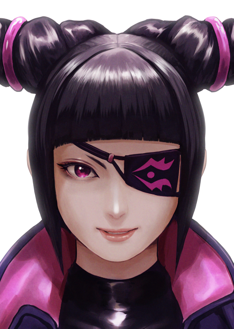 1girl bangs black_hair blunt_bangs commentary_request drill_hair eyepatch hair_horns han_juri highres ishiyuki long_hair looking_at_viewer parted_lips portrait purple_eyes smile solo street_fighter street_fighter_iv_(series) twin_drills violet_eyes