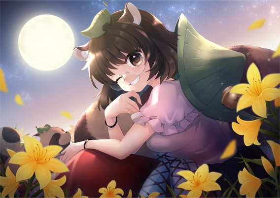 1girl :d animal_ears artist_request bangs brown_eyes brown_hair brown_shirt brown_skirt flower full_moon futatsuiwa_mamizou glasses grin leaf leaf_on_head looking_at_viewer moon night night_sky official_art one_eye_closed outdoors petals raccoon_ears raccoon_girl raccoon_tail second-party_source shirt short_hair short_sleeves skirt sky smile tail tanuki teeth touhou touhou_danmaku_kagura yellow_flower