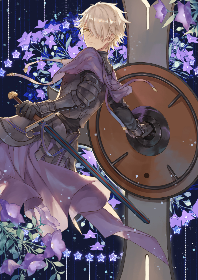 1boy armor bellflower black_armor black_gloves cape chinese_bellflower closed_mouth commentary_request fate/grand_order fate_(series) flower galahad_(fate) gauntlets gloves hair_over_one_eye heri_(sniper579) holding holding_shield holding_sword holding_weapon knight looking_at_viewer male_focus one_eye_covered purple_cape purple_flower sheath sheathed shield short_hair solo sword weapon white_hair yellow_eyes