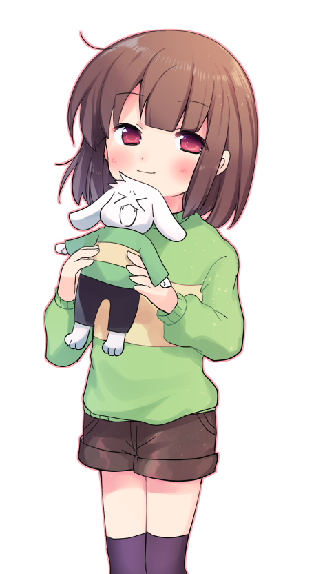 1girl asriel_dreemurr bangs blush brown_hair brown_shorts chara_(undertale) green_sweater holding holding_stuffed_toy long_sleeves looking_at_viewer red_eyes short_shorts shorts simple_background smile solo standing striped striped_sweater stuffed_toy sweater thigh-highs thighhighs undertale white_background xox_xxxxxx