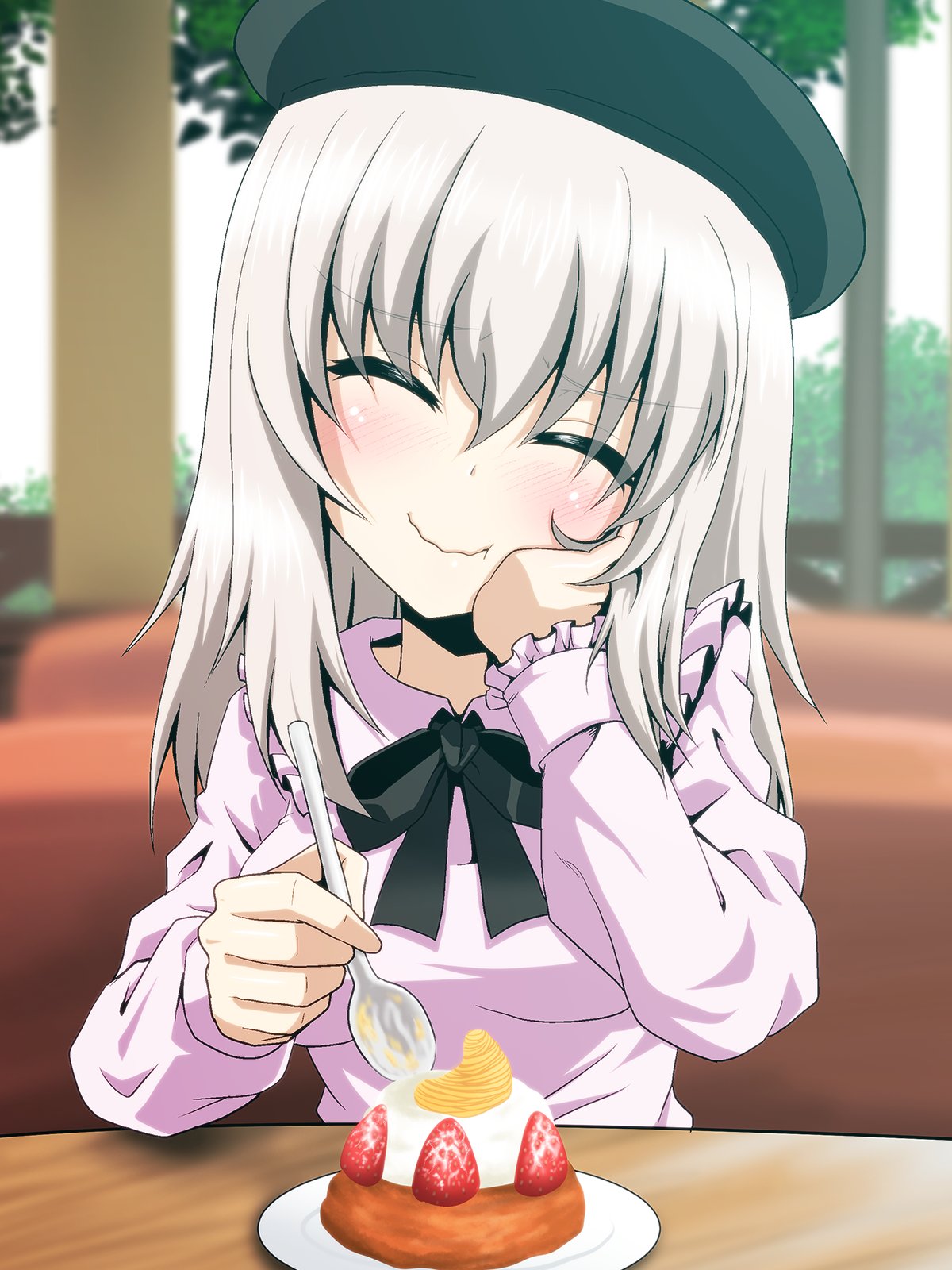 1girl bangs beret black_headwear black_ribbon blurry blurry_background blurry_foreground blush cake casual closed_eyes closed_mouth collar commentary_request day depth_of_field dessert eating eyebrows_visible_through_hair facing_viewer food fork frilled_collar frilled_sleeves frills fruit girls_und_panzer grey_hair hand_on_own_face hat highres holding holding_spoon indoors itsumi_erika kamishima_kanon long_hair long_sleeves medium_hair neck_ribbon partial_commentary pink_shirt plate ribbon shirt silver_hair smile solo spoon strawberry tilted_headwear