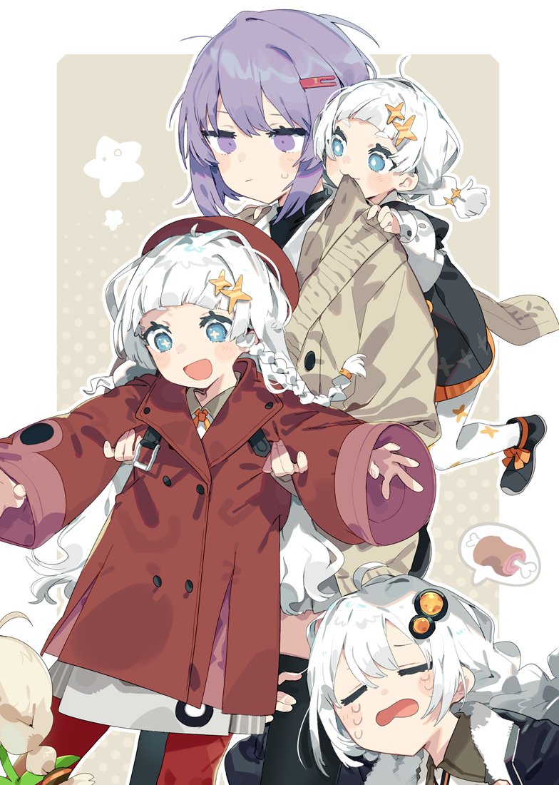 4girls a.i._voice ahoge bangs beret black_dress black_footwear black_thighhighs blue_eyes blunt_bangs blush braid brown_coat cardigan carrying carrying_person cartoon_bone closed_mouth clothes_in_mouth coat collared_shirt commentary crying dress food grey_cardigan hair_ornament hairclip hat hugging_another's_leg jacket karei kizuna_akari kizuna_akari_(moe) kizuna_akari_(tsubomi) long_hair long_sleeves meat medium_hair multiple_girls open_mouth orange_legwear pantyhose piggyback purple_eyes purple_hair red_pantyhose shirt shoes silver_hair smile sparkle_hair_ornament speech_bubble star_(symbol) sweatdrop symbol-only_commentary thigh-highs twin_braids twintails violet_eyes voiceroid white_hair white_pantyhose white_shirt yuzuki_yukari yuzuki_yukari_(shizuku)