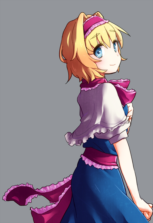 1girl alice_margatroid bangs blonde_hair blue_dress blue_eyes blush capelet closed_mouth commentary_request cookie_(touhou) cowboy_shot dress frilled_capelet frilled_hairband frilled_sash frilled_scarf frills grey_background hair_between_eyes hair_intakes hairband ichigo_(cookie) looking_at_viewer looking_to_the_side pink_hairband pink_sash pink_scarf sash scarf short_hair simple_background smile solo tomoshige touhou white_capelet