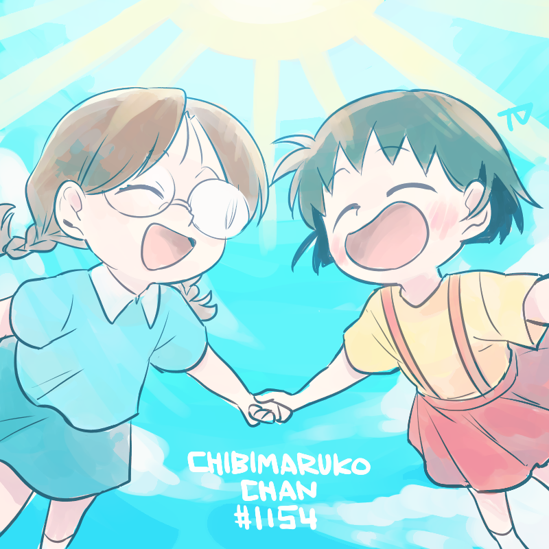 2girls blue_skirt braid brown_hair chibi_maruko-chan closed_eyes copyright_name female_child glasses holding_hands honami_tamae low_twin_braids multiple_girls opaque_glasses open_mouth partially_opaque_glasses pleated_skirt red_skirt sakura_momoko shirt short_hair signature skirt smile sun suspender_skirt suspenders tsunoji twin_braids